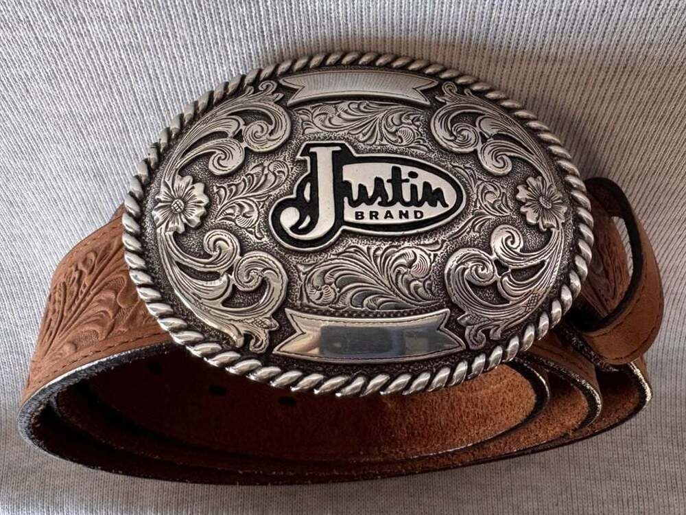Justin Brand Floral Tooled Leather Western Belt with Silver Trophy Buckle Size 4